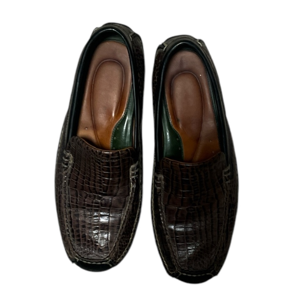H.S. Trask Brown Slip-On Loafers with Crocodile Texture